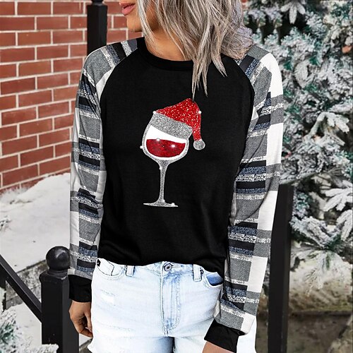 

Women's T shirt Tee Black Red White Text Reindeer Print Long Sleeve Christmas Weekend Basic Round Neck Regular Painting S
