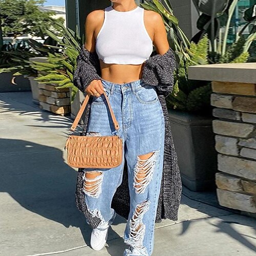 

Women's Jeans Denim Dark Blue LightBlue Fashion Trousers Daily Wear Casual Daily Wide Leg Full Length Comfy Solid Colored S M L XL 2XL