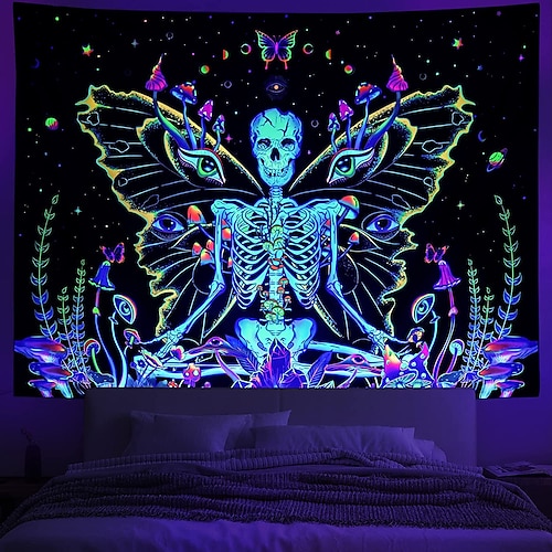 

Butterfly Blacklight UV Reactive Tapestry Skull Meditation Trippy Psychedelic Dormitory Living Room Art Decoration Hanging Cloth