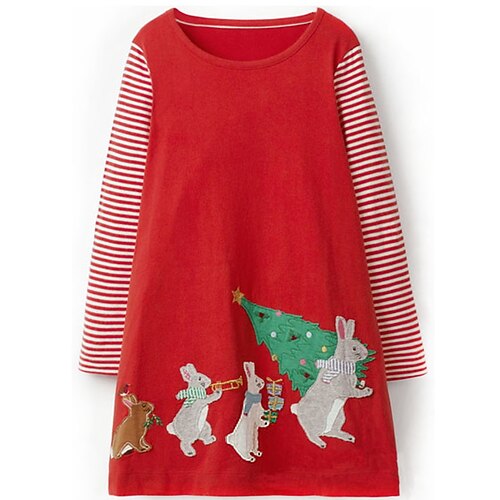 

Kids Girls' Christmas Dress Cartoon Striped T Shirt Dress Tee Dress Christmas Holiday Red Long Sleeve Casual Beautiful Dresses Christmas Fall Winter Regular Fit 2-6 Years