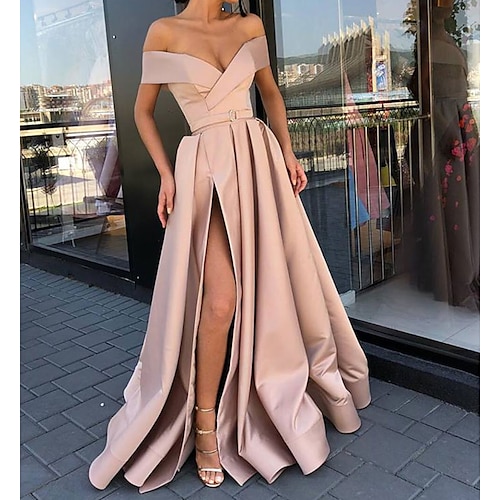 

Women's Party Dress Swing Dress Maxi long Dress Light Pink Short Sleeve Pure Color Ruched Split With Belt Fall Winter Cold Shoulder Party Stylish 2022 S M L XL XXL 3XL