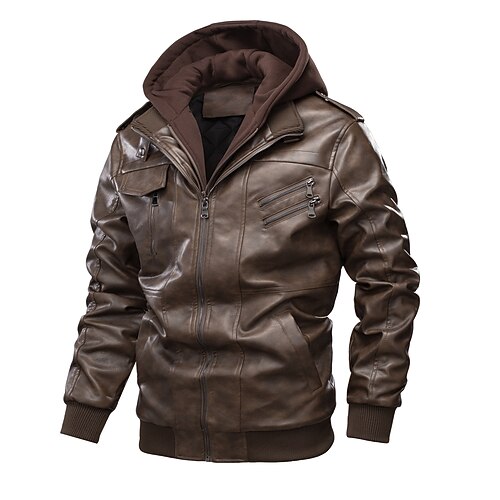 

Men's Faux Leather Jacket Durable Casual / Daily Daily Wear Vacation To-Go Zipper Hooded Warm Ups Comfort Leisure Jacket Outerwear Solid / Plain Color Pocket Coffee Gray Black / Winter / Fall