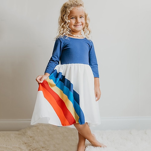 

Kids Girls' Dress Rainbow Casual Dress Above Knee Dress Casual Crewneck Long Sleeve Adorable Dress 3-10 Years Winter Blue / Fall