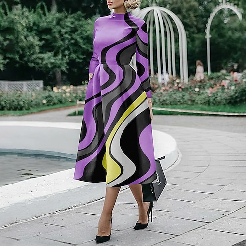 

Women's Swing Dress Midi Dress Black Purple Yellow Long Sleeve Floral Print Winter Fall Autumn Stand Collar Romantic Weekend 2022 S M L XL 2XL 3XL