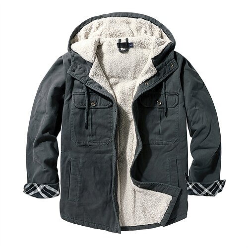 

Men's Winter Jacket Winter Coat Sherpa jacket Flannel Jacket Durable Casual / Daily Daily Wear Vacation To-Go Single Breasted Hooded Warm Ups Comfort Leisure Jacket Outerwear Solid / Plain Color