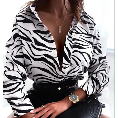 

Dame Bluse Knapp Trykket Moderne Skjortekrage Standard Vår, Høst, Vinter, Sommer Zebra Stripe Grønn Blå