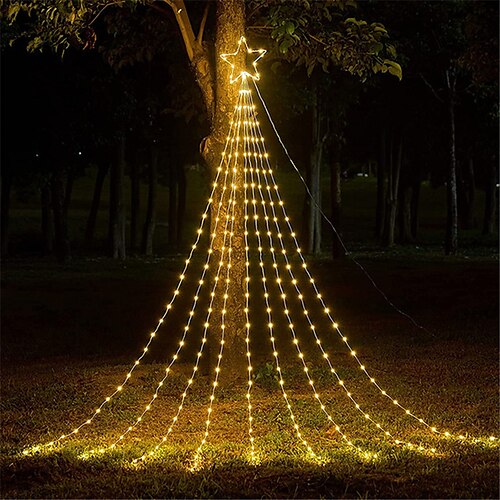 

Christmas Star String Lights Outdoor Decorations 9X2M 180LED Waterfall Tree Fairy Lights with Top Star For Garland Yard Party Holiday Xmas Colorful Light AC220V EU Plug