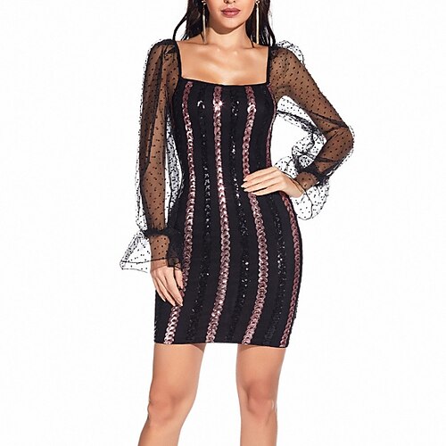 

Women's Sequin Dress Holiday Dress Bodycon Black Long Sleeve Polka Dot Sequins Winter Fall Autumn Square Neck Party Winter Dress Evening Party Slim 2022 S M L XL