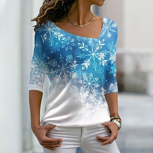 

Women's T shirt Tee Green Blue Purple Snowflake Print Long Sleeve Christmas Weekend Basic V Neck Regular Painting S