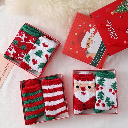 

Christmas Socks Cartoon Santa Claus Plus Velvet Thickened Medium Tube Socks Women Christmas Tree Socks Women Gift Boxed Coral Velvet