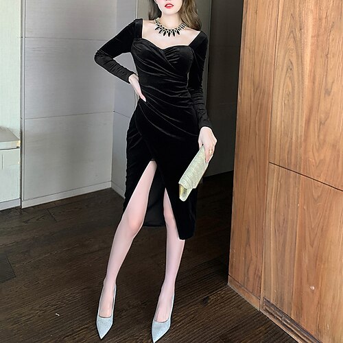 

Women's Velvet Dress Sheath Dress Red Black Long Sleeve Pure Color Ruched Split Velvet Winter Fall Square Neck Elegant Modern Fall Dress Slim 2022 S M L / Winter Dress