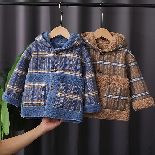 

Toddler Boys Woolen Coat Outerwear Plaid Long Sleeve Coat Outdoor Cotton Fashion Daily khaki Dark Blue Winter Fall 3-7 Years