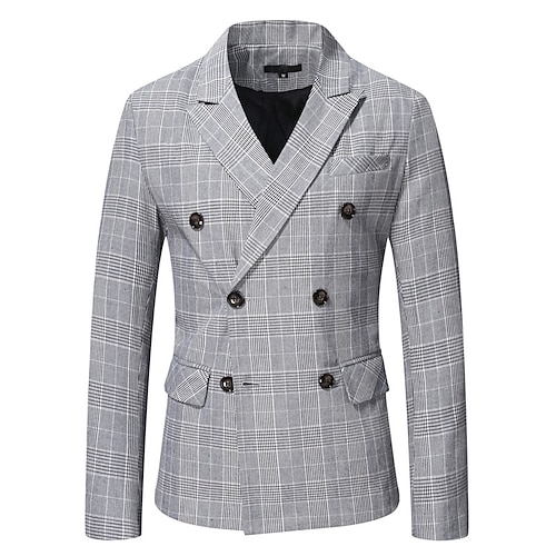 

Men's Fashion Casual Blazer Regular Tailored Fit Checkered Double Breasted Six-buttons Light Grey 2022 / Winter