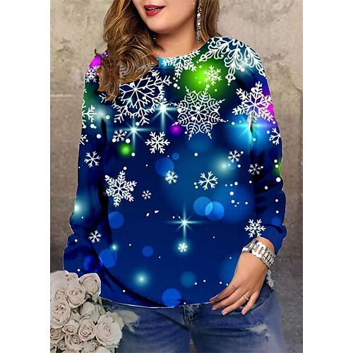 

Women's Plus Size Christmas Tops Pullover Sweatshirt Graphic Plaid Long Sleeve Crewneck Streetwear Daily Polyester Winter Fall Green Blue / Sunflower