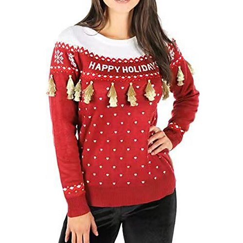 

Women's Ugly Christmas Sweater Pullover Sweater Jumper Ribbed Knit Tassel Knitted Letter Crew Neck Stylish Casual Outdoor Christmas Winter Fall Black Red S M L / Long Sleeve / Weekend / Holiday