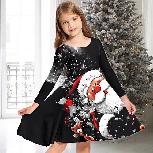 

Kids Girls' Christmas Dress Santa Claus Snowflake Casual Dress Christmas Gifts Casual Crewneck Black Above Knee Long Sleeve Adorable Daily Dresses Christmas Winter Fall Regular Fit 2-13 Years