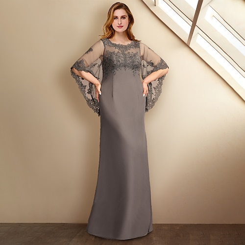 

Sheath / Column Plus Size Curve Mother of the Bride Dresses Elegant Dress Formal Floor Length Half Sleeve Jewel Neck Chiffon with Appliques 2022