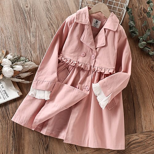 

Kids Girls' Trench Coat Long Sleeve Pink Solid Color Ruffle Spring Fall Fashion School 7-13 Years
