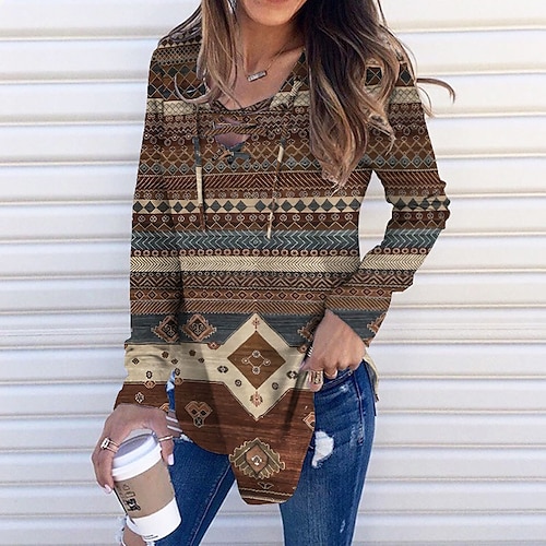 

Women's Sweatshirt Pullover Streetwear Ethnic Brown Geometric Street V Neck Long Sleeve S M L XL 2XL