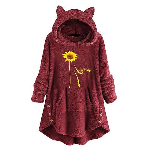 

Women's Shirt Peplum Marron Pink Wine Floral Deer Pocket Print Long Sleeve Casual Streetwear Sherpa Fleece Teddy Hooded Regular Fleece lined S