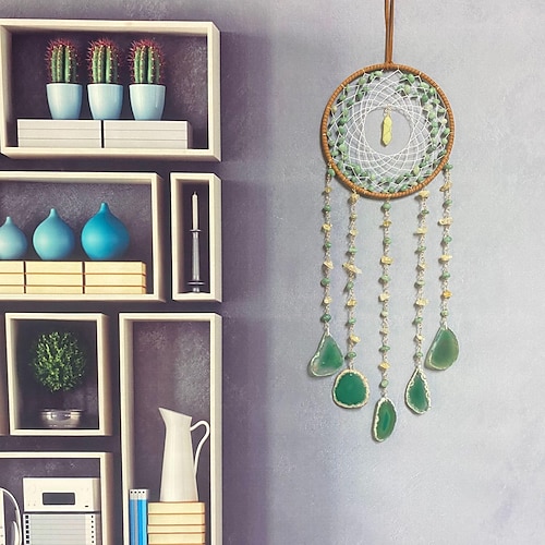 

Green Life of Tree Sun Catcher Dream Catcher with Green Agate Handmade Gift Wall Hanging Decor Art Wind Chimes Boho Style Car Hanging Home Pendant