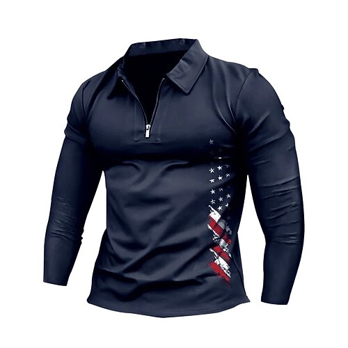 

Men's Collar Polo Shirt Golf Shirt Graphic Prints National Flag Turndown Black Blue Khaki Light Blue Gray 3D Print Outdoor Street Long Sleeve Zipper Print Clothing Apparel Fashion Designer Casual