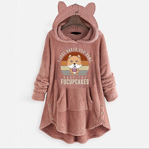 

Women's Sherpa jacket Fleece Jacket Teddy Coat Windproof Warm Outdoor Daily Wear Vacation Going out Button Pocket Print Pullover Hoodie Simple Comfortable Plush Cat Regular Fit Outerwear Long Sleeve