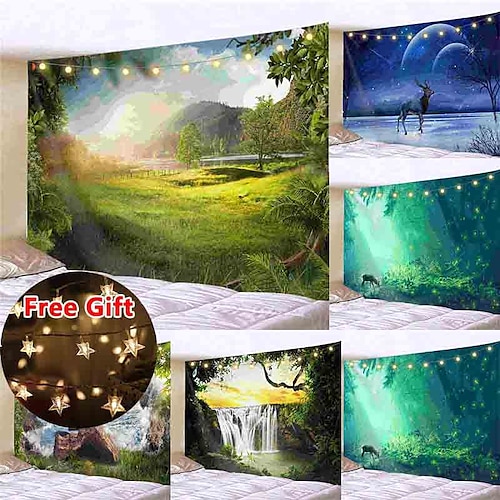 

Landscape Forest Waterfall Wall Tapestry Art Decor Blanket Curtain Picnic Tablecloth Hanging Home Bedroom Living Room Dorm Decoration Gift Polyester (with LED String Lights)