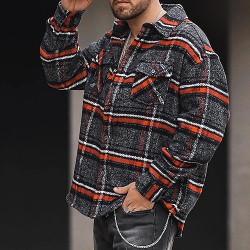 

Men's Flannel Shirt Overshirt Shirt Jacket Outdoor Durable Casual Daily Wear Vacation Going out Single Breasted Turndown Warm Ups Traditional Classic Outerwear Grid Plaid Pocket Black