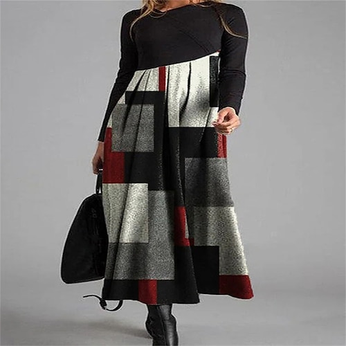 

Robe mi-longue Femme Robe casual manche longue Hiver Automne - Moderne Ruché Imprimer Plaid Col Ras du Cou robe hiver robe automne Ample Kaki Rouge S M L XL XXL 3XL