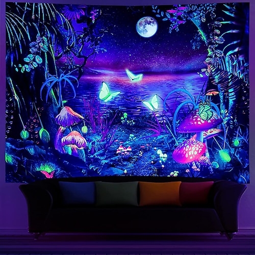 

Blacklight UV Reactive Wall Tapestry Butterfly Art Decor Blanket Curtain Picnic Tablecloth Hanging Home Bedroom Living Room Dorm Decoration Fireplace Stocking Gift Polyester