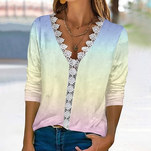 

2022 cross-border european and american spring and autumn new mid-sleeve comfortable casual lace v-neck printed t-shirt women's factory direct sales