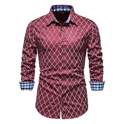 

Men's Party Shirt Regular Fit Long Sleeve Square Neck Plaid Cotton Blend Black Burgundy Navy Blue 2022