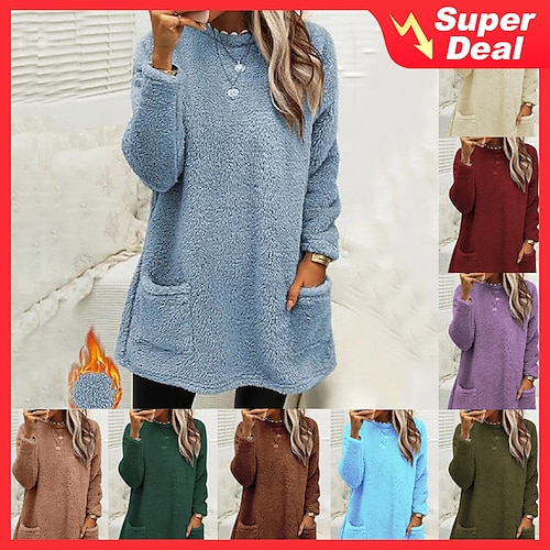 

Women's Sweatshirt Pullover Sherpa Fleece Teddy Pocket Marron Blue Purple Solid Color Street Round Neck Long Sleeve Fleece S M L XL 2XL 3XL