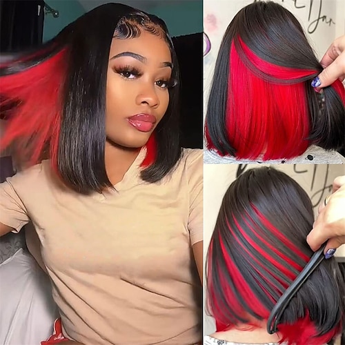 

Bob Wigs for Women Red Peekaboo Wig Synthetic Hair Straight Bob Wig Shoulder Length Black with Red Highlights Wig Blunt Cut Bob Lace Front Wig Short Bob Wigs for Daily Party Use ChristmasPartyWigs
