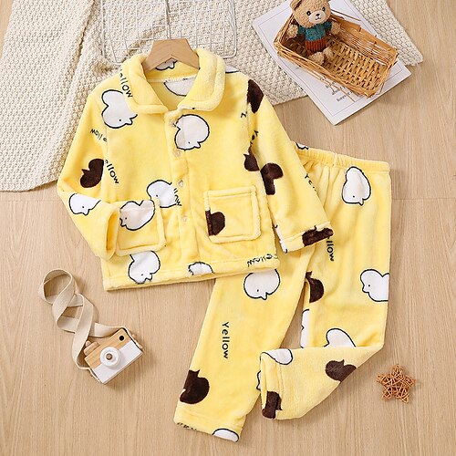 

Toddler Girls' Pajama Set Long Sleeve Yellow Animal Cartoon Pocket Winter Cute Home 3-7 Years