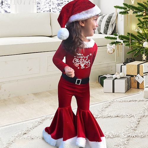 

2 Pieces Toddler Girls' Ugly Christmas Letter Hoodie & Pants Set Long Sleeve Fashion Christmas Gifts Cotton 3-7 Years Winter Wine Red