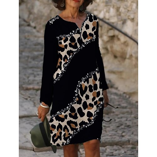

Women's Casual Dress White Black Long Sleeve Leopard Zipper Print Winter Fall Crew Neck Casual Modern Fall Dress 2022 S M L XL 2XL 3XL 4XL 5XL 6XL / Winter Dress