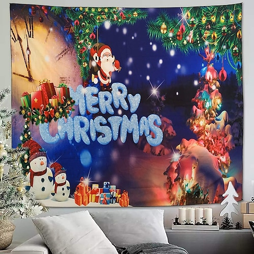 

Christmas Party Wall Tapestry Photography Background Holiday Art Decor Blanket Hanging Home Bedroom Living Room Decoration Santa Claus Tree Snowman Elk Snowflake Candle Gift Fireplace