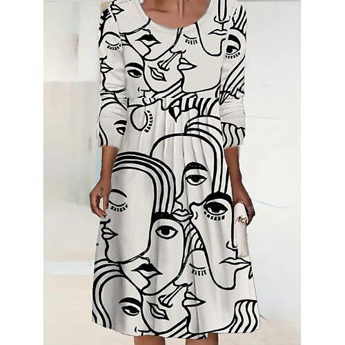 

Women's Casual Dress Print Dress Midi Dress White Long Sleeve Abstract Print Fall Spring Crew Neck Casual Fall Dress Loose Fit 2022 S M L XL 2XL 3XL 4XL 5XL 6XL / Winter Dress