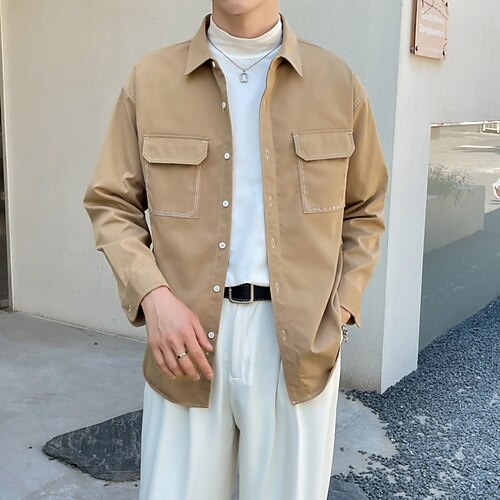 

Men's T shirt Tee Solid Color Square Neck Light Green Khaki White Black Casual Daily Long Sleeve Button-Down Clothing Apparel Fashion Streetwear Simple