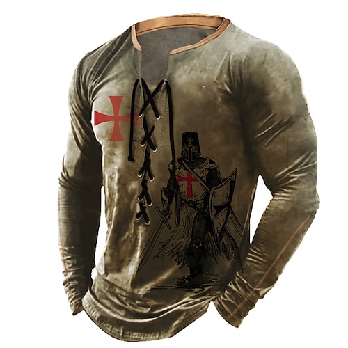 

Men's T shirt Tee Graphic Templar Cross Soldier V Neck Brown 3D Print Outdoor Street Long Sleeve Lace up Clothing Apparel Basic Fashion Streetwear Designer