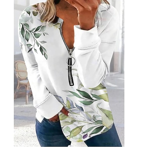 

Women's Sweatshirt Pullover Basic Zipper Green Blue White Floral Street V Neck Long Sleeve S M L XL 2XL
