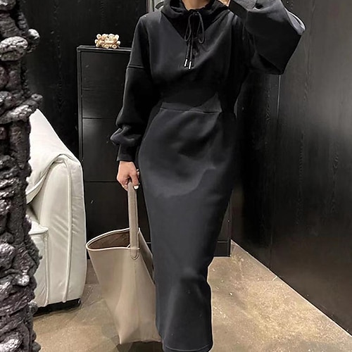 

Women's Hoodie Dress Winter Dress Black Long Sleeve Pure Color Pocket Winter Fall Hooded Stylish Modern Fall Dress Slim 2022 S M L XL / Sheath Dress