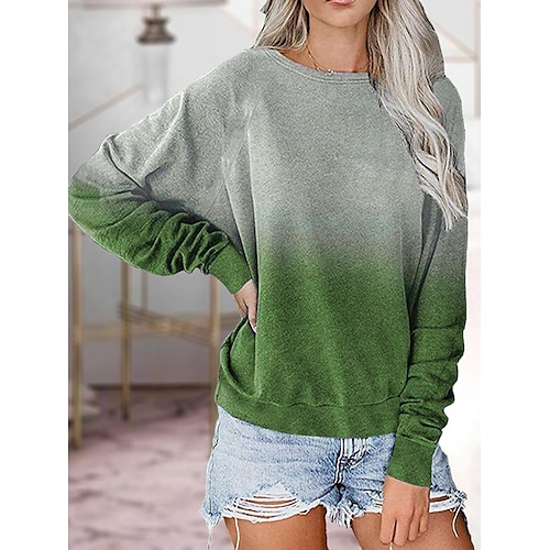 

Women's T shirt Tee Green Blue Purple Color Gradient Print Long Sleeve Casual Daily Basic Round Neck Regular 1XL