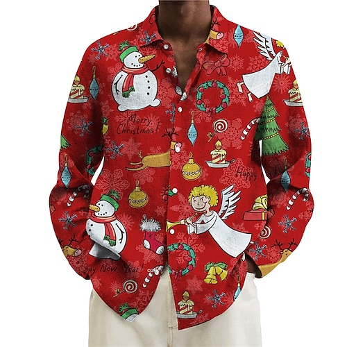 

Men's Shirt Snowman Graphic Prints Turndown Red 3D Print Christmas Street Long Sleeve Button-Down Print Clothing Apparel Fashion Designer Casual Soft