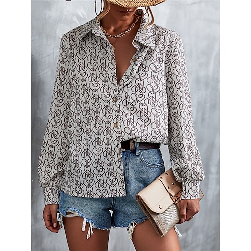 

Women's Blouse Shirt White Heart Pocket Print Long Sleeve Work Casual Elegant Shirt Collar S