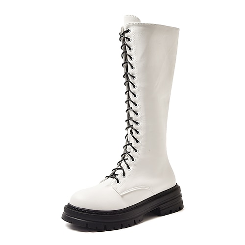 

Mulheres Botas Coturnos Tamanhos Grandes Diário Botas Longas Inverno Cadarço Salto de bloco Ponta Redonda Casual Pele PU zíper Cor Sólida Preto Branco