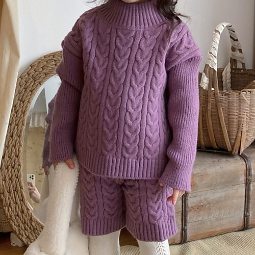 

2 Pieces Toddler Girls' Solid Color Clothing Set Set Long Sleeve Cute School 3-7 Years Winter Purple / Fall