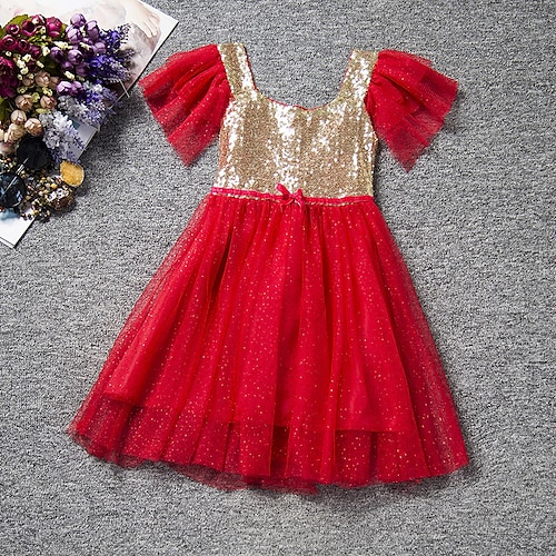 

Christmas Birthday A-Line Flower Girl Dresses Square Neck Knee Length Tulle Sequined with Bow(s) Paillette Sparkle & Shine Tutu Cute Girls' Party Dress Fit 3-16 Years